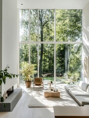 Obraz premium The bright living room features expansive windows that provide a view of the vibrant garden outside, creating a refreshing ambiance. Generative AI
