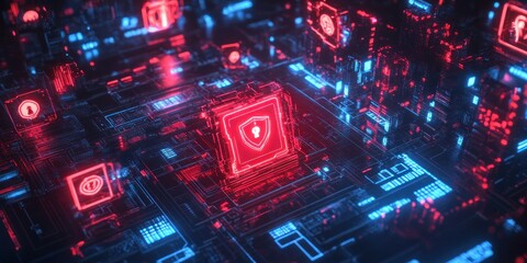 Obraz premium A digital circuit board with glowing red and blue elements, symbolizing cybersecurity.