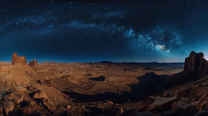 A wide landscape of desert under a starlit night sky