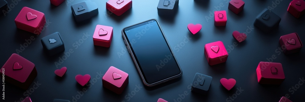 Poster a smartphone rests on a dark surface with colorful icons representing likes, comments, and notificat