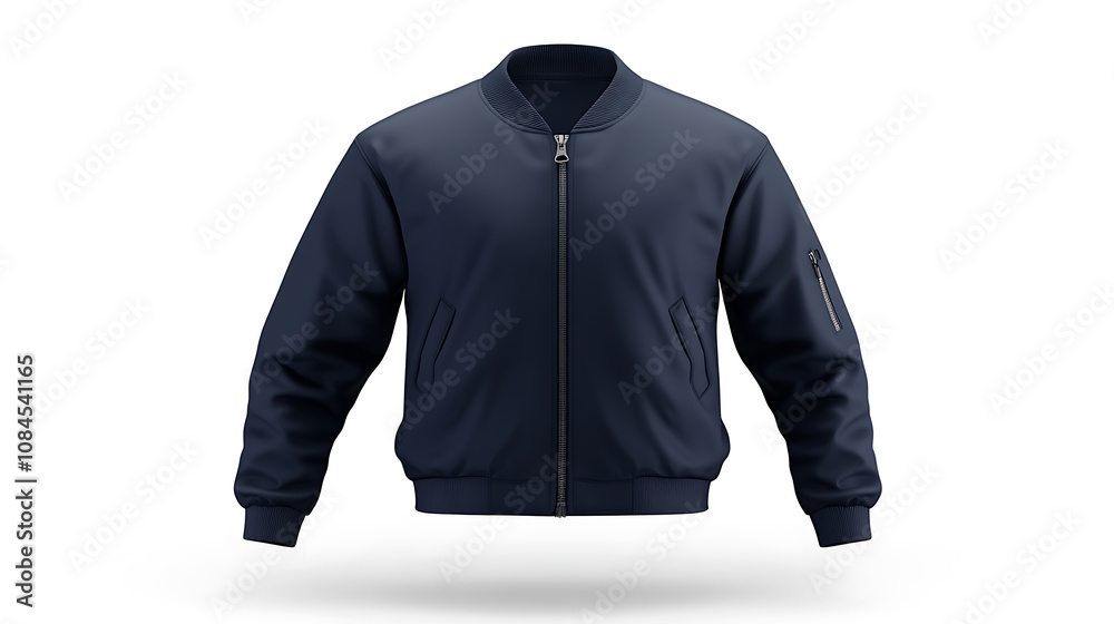 Aufkleber a blank bomber jacket in navy blue, displayed in a front view on a white background for mockup desig
