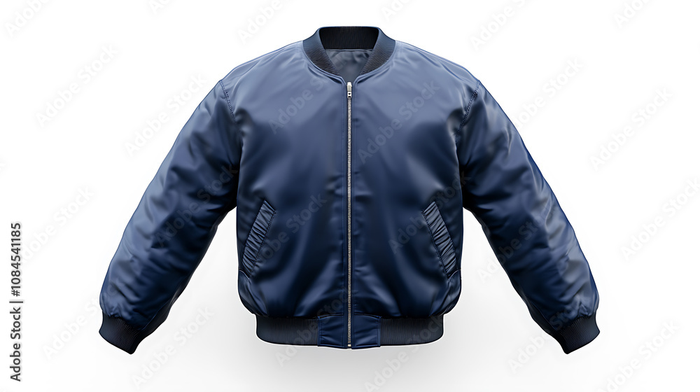 Aufkleber a blank bomber jacket in navy blue, displayed in a front view on a white background for mockup desig