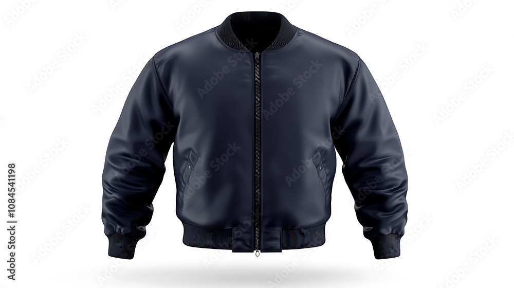 Aufkleber a blank bomber jacket in navy blue, displayed in a front view on a white background for mockup desig