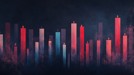 A stock market bar graph with red and blue candles, background is dark gray