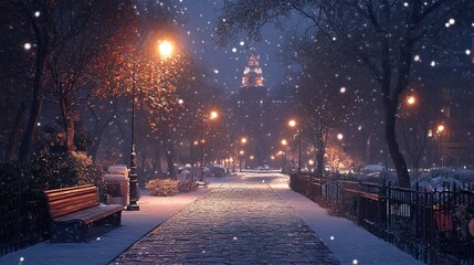 A city park during a light snowstorm, where snowflakes gently fall onto the ground