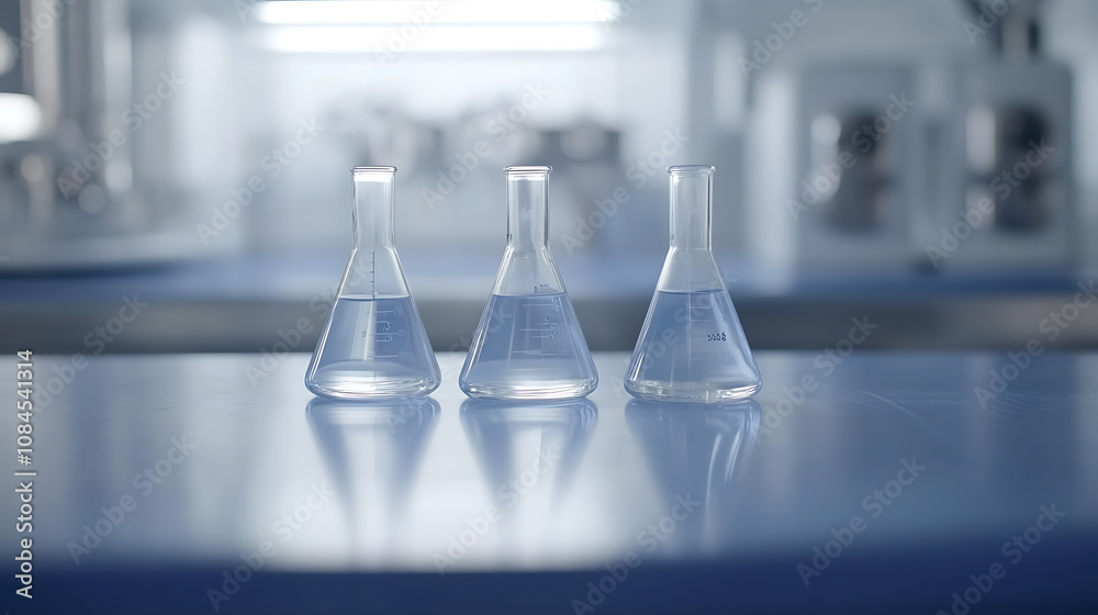 Poster a blue laboratory table with three beakers filled with clear liquid, in the background is blurred eq