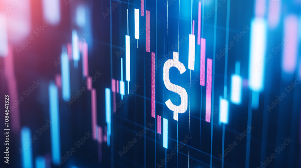 Poster A stock market background with dollar signs and financial charts in a blue color scheme, with white numbers of a candlestick chart in the foreground