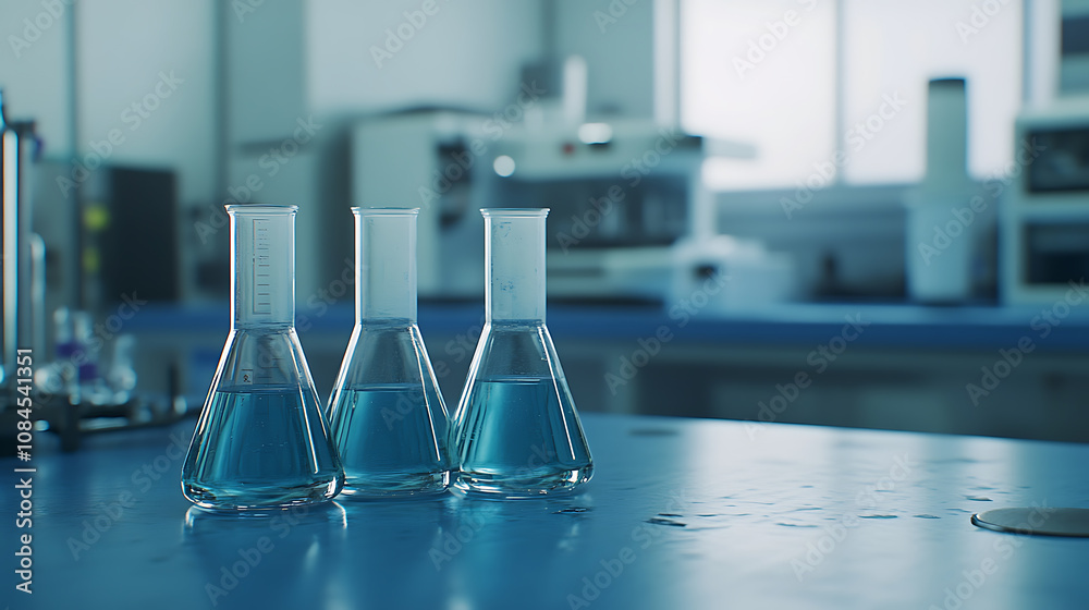 Poster a blue laboratory table with three beakers filled with clear liquid, in the background is blurred eq