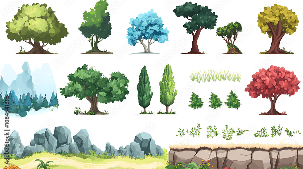 Poster a cartoon game design nature landscape set, providing a variety of scenic backgrounds and elements f