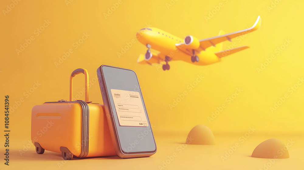 Poster a 3d illustration features a mobile phone displaying a flight ticket, suitcase, and the concept of t