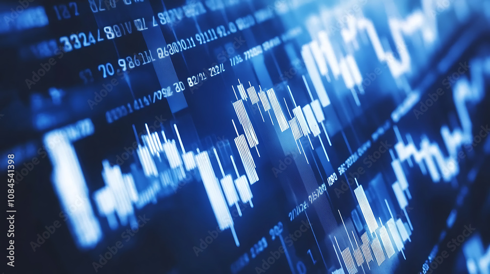 Poster a stock market background with dollar signs and financial charts in a blue color scheme, with white 