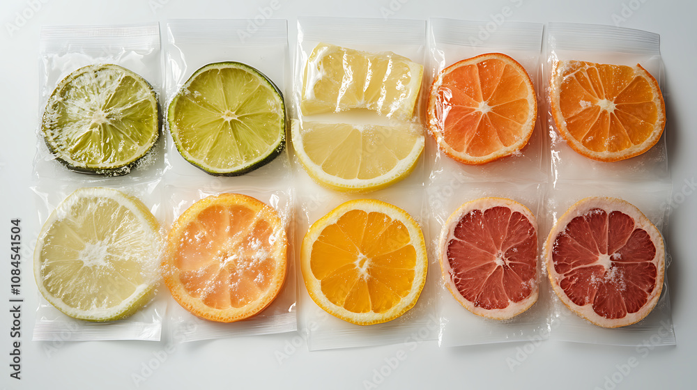 Aufkleber A close observation reveals various fruit slices submerged in a saline solution contained within a bag, all set against a pristine white background
