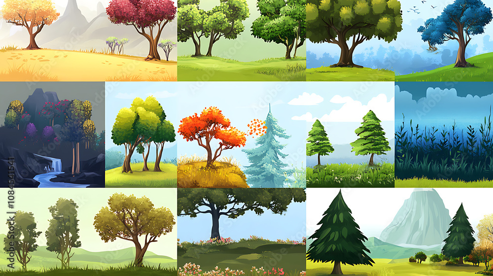 Poster a cartoon game design nature landscape set, providing a variety of scenic backgrounds and elements f