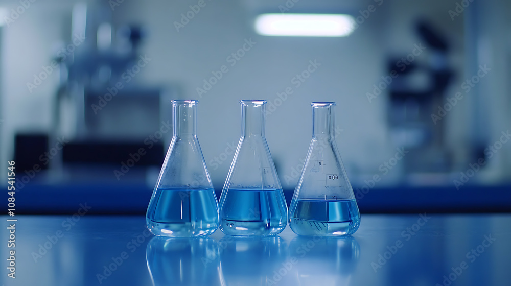 Poster a blue laboratory table with three beakers filled with clear liquid, in the background is blurred eq