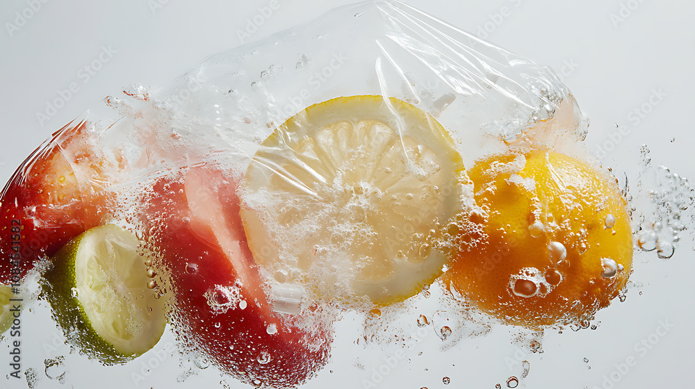 Aufkleber a close observation reveals various fruit slices submerged in a saline solution contained within a b