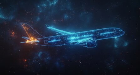 Obraz premium A digital representation of an airplane soaring through a starry space filled with vibrant colors