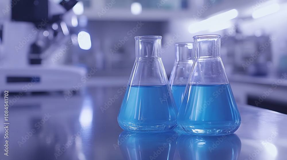 Poster a closeup of glass beakers filled with clear blue liquid, set on an open laboratory table in front o
