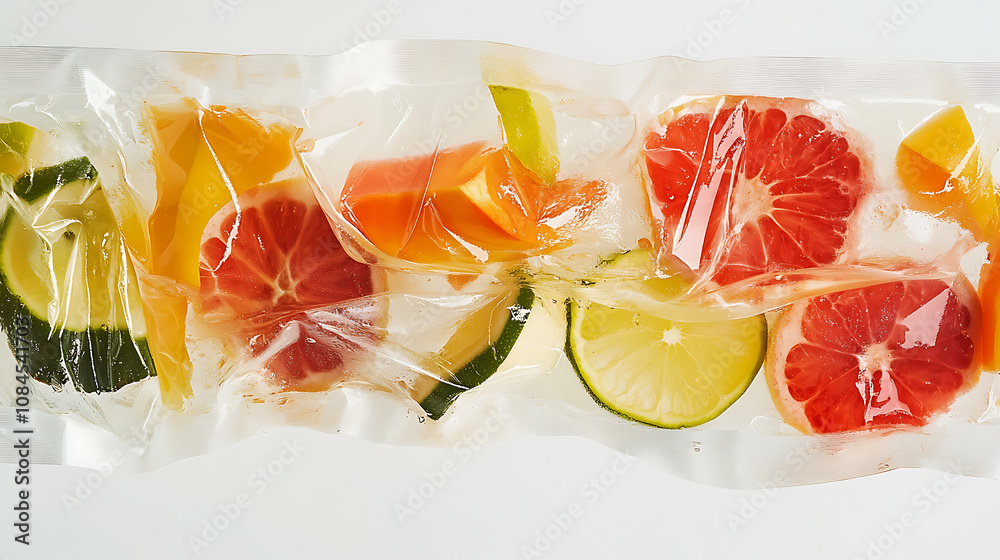 Aufkleber a close observation reveals various fruit slices submerged in a saline solution contained within a b
