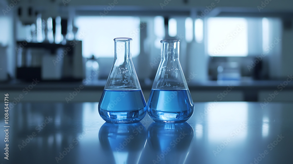 Poster a closeup of glass beakers filled with clear blue liquid, set on an open laboratory table in front o