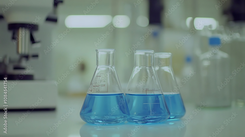 Poster a closeup of glass beakers filled with clear blue liquid, set on an open laboratory table in front o
