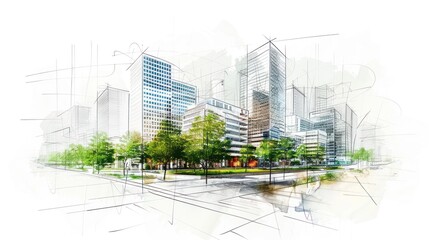 A watercolor sketch of a modern cityscape with buildings and greenery.
