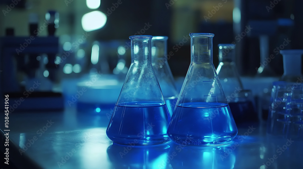 Poster a closeup of laboratory equipment such as beakers and flasks filled with clear blue liquid, set agai