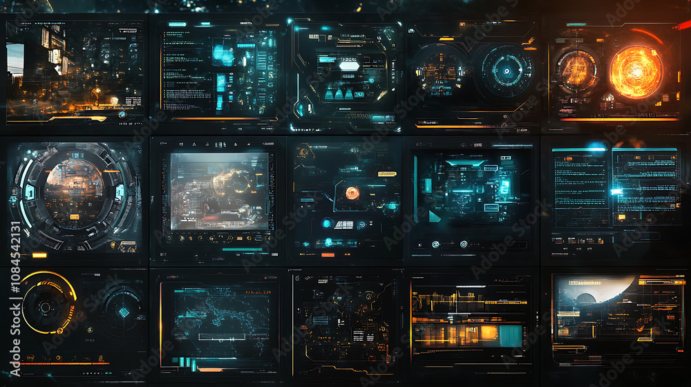 Poster A collection of HUD frames, encapsulating futuristic modern user interface elements, control panels, high-tech screen digital hologram windows, gaming menus, and more