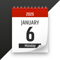 Date 6 January 2025 year realistic calendar day page design