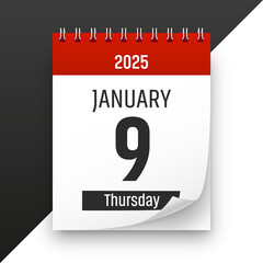 Date 9 January 2025 year realistic calendar day page design