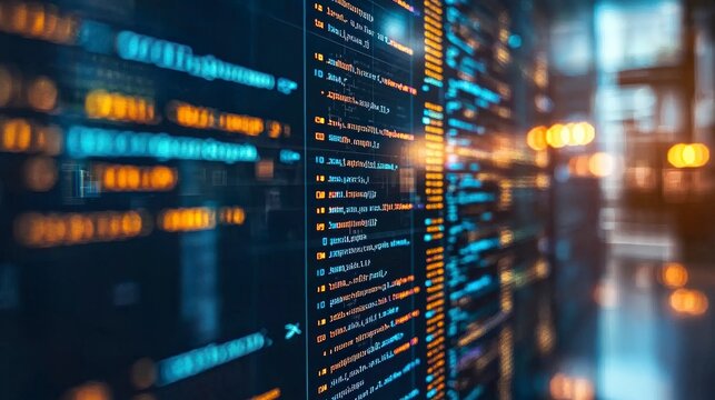 Vertical flowing lines of digital code creating a glowing, dynamic pattern, reflecting modern technology and the expressive beauty of coding languages.
