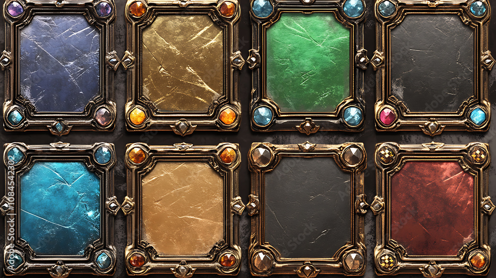 Poster A comprehensive set of square UI game frames, distinguished by their textured medieval borders made of gold, silver, or steel metal embellished with gems