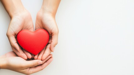 Fototapeta premium Two hands gently hold a red heart, symbolizing love, care, and compassion.