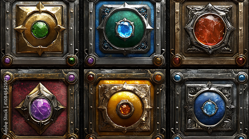 Poster A comprehensive set of square UI game frames, distinguished by their textured medieval borders made of gold, silver, or steel metal embellished with gems