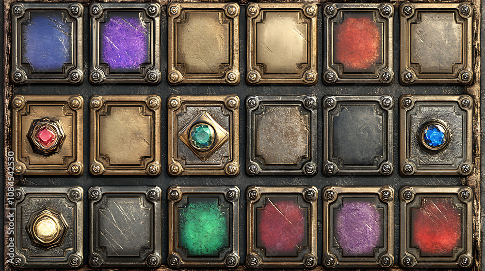 Fototapete A comprehensive set of square UI game frames, distinguished by their textured medieval borders made of gold, silver, or steel metal embellished with gems