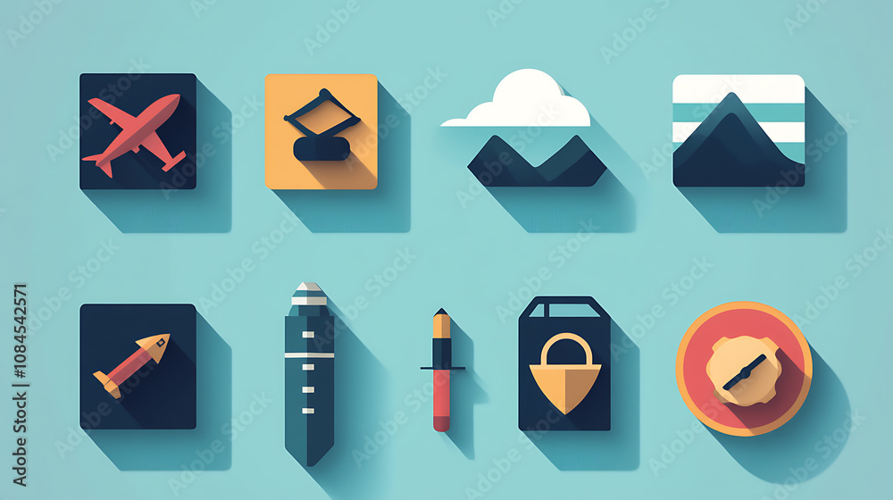 Poster A flat design icon set for travel showcases various symbols associated with travel and exploration, simplifying the concept into easily recognizable elements