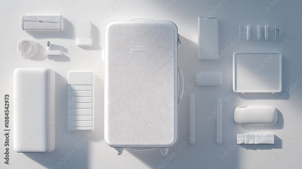 Poster a flat lay of a white suitcase and traveler's accessories against a bright white background presents