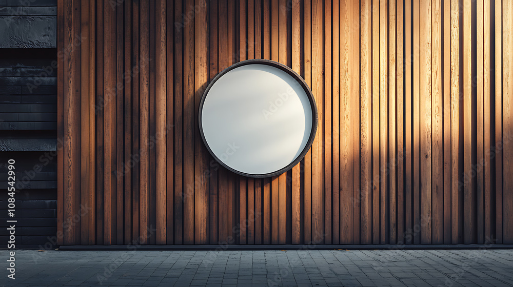 Poster a wooden wall hosts a circular mockup signboard, awaiting a storefront's branding in a street settin