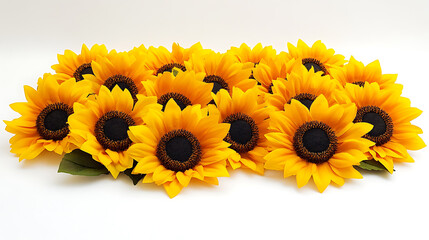 Fototapeta premium A group of sunflowers with vibrant yellow petals and detailed center circles, arranged in an aesthetically pleasing pattern on a white background