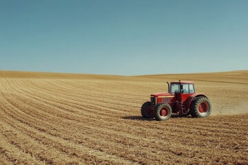 Fototapeta premium Tractor plowing golden field on sunny day in rural landscape during harvest season