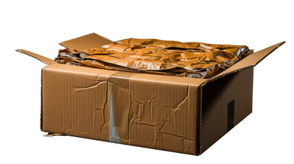 A broken cardboard box with rough edges and flaps unfolded, symbolizing heavy use or transit wear, isolated on transparent background.