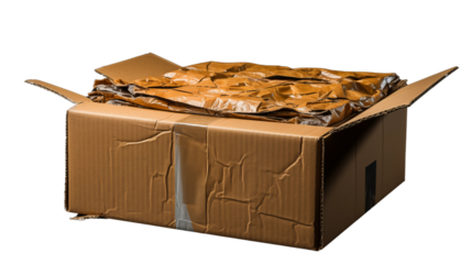 A broken cardboard box with rough edges and flaps unfolded, symbolizing heavy use or transit wear, isolated on transparent background.