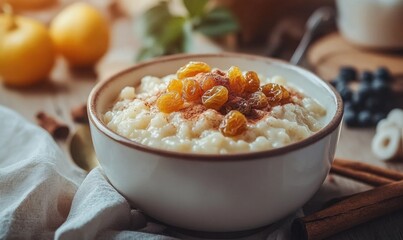 A bowl of oatmeal with raisins and cinnamon