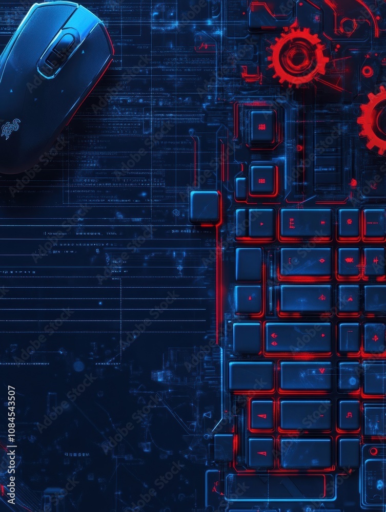 Poster An advanced keyboard with a mouse is displayed on a deep blue surface, embellished with mechanical gears illustrating a tech theme. Generative AI