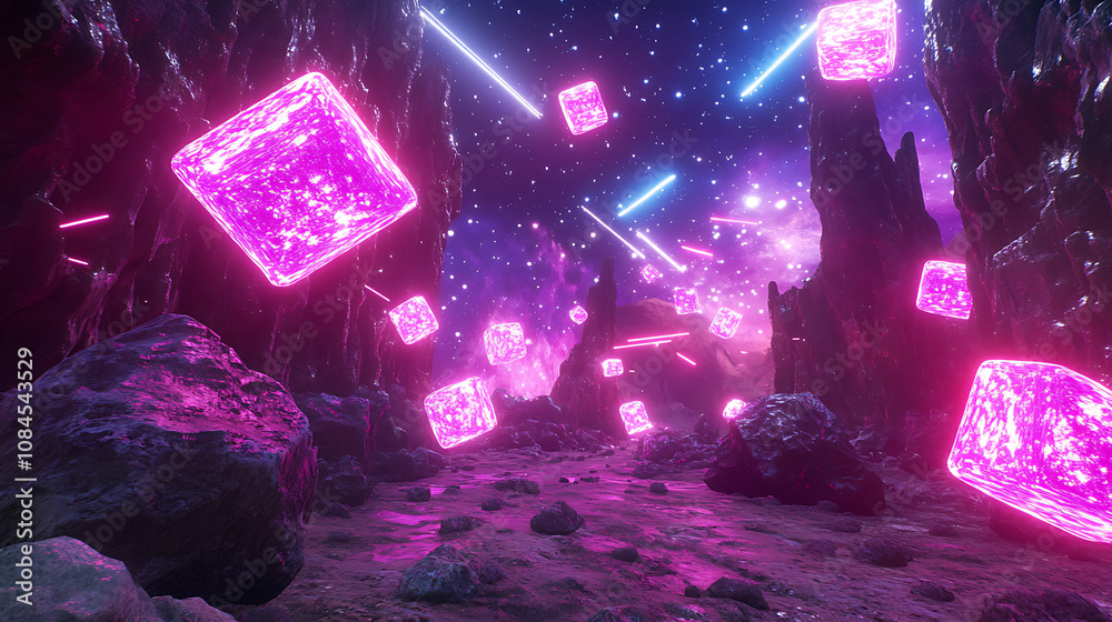 Aufkleber a retro asteroid field video game scene rendered in virtual reality, where purple, pink, and blue li