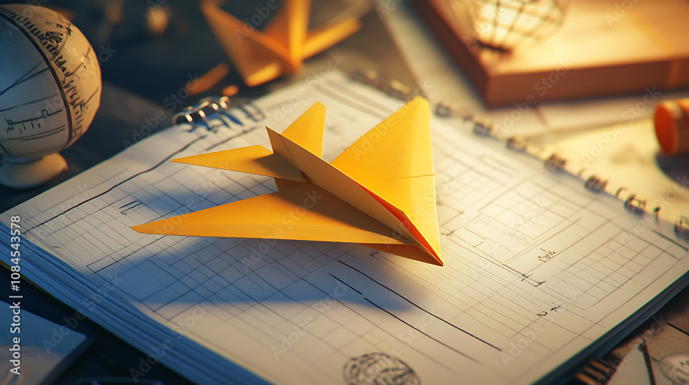 Aufkleber A school notebook background is animated with 3D yellow paper airplanes flying, adding a playful touch to the theme of travel and exploration