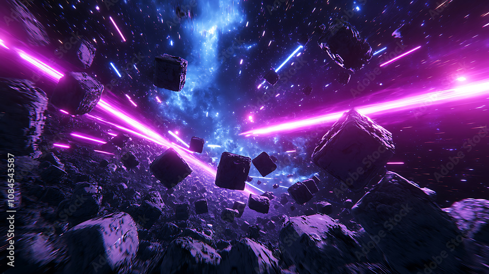 Aufkleber a retro asteroid field video game scene rendered in virtual reality, where purple, pink, and blue li