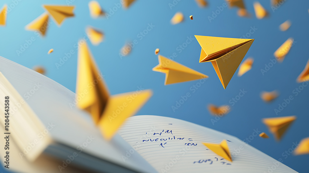 Aufkleber A school notebook background is animated with 3D yellow paper airplanes flying, adding a playful touch to the theme of travel and exploration