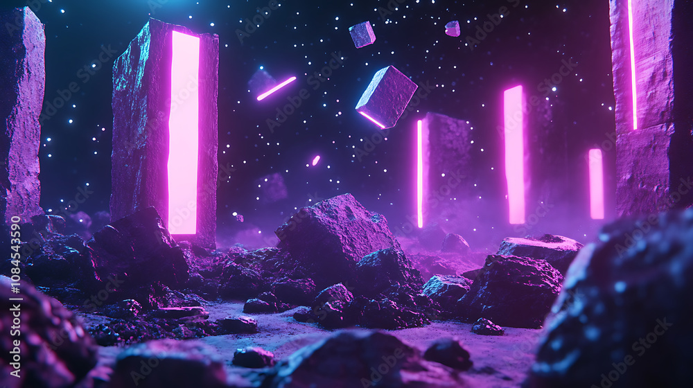 Poster a retro asteroid field video game scene rendered in virtual reality, where purple, pink, and blue li