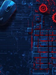 An advanced keyboard with a mouse is displayed on a deep blue surface, embellished with mechanical gears illustrating a tech theme. Generative AI