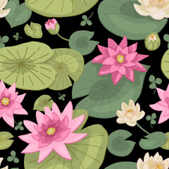 Abstract water lily seamless pattern. Floral ornament with lotus flowers. Vector botanical design.